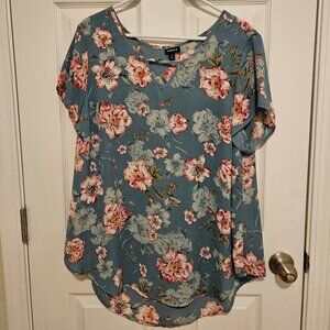 Torrid Teal and Pink Floral Keyhole Georgette Chiffon Size 1 Blouse